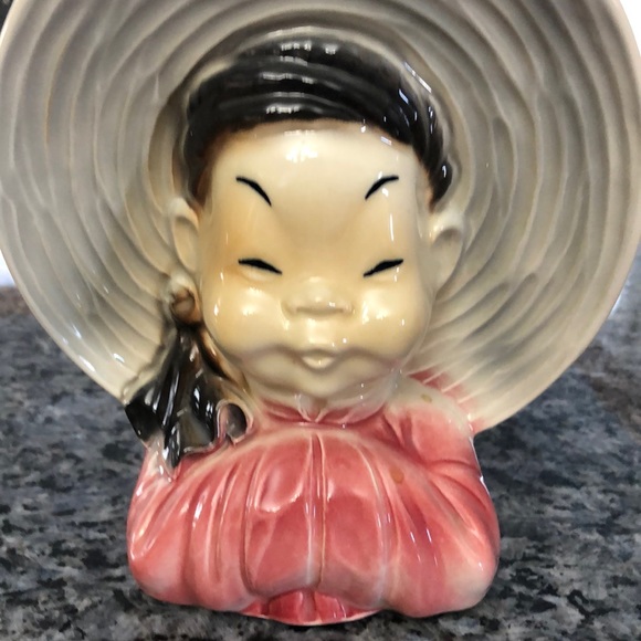Vintage Royal Copley 1950's Asian Girl Head Vase Wall Pocket - Picture 2 of 6